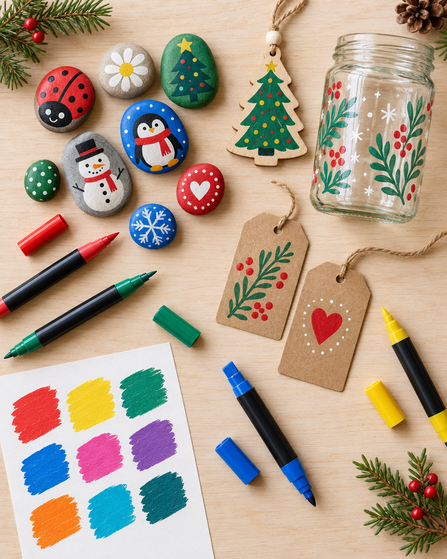 Feutres acryliques sur galets, bois, verre et étiquettes cadeaux